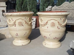 Pair of Large Ivory Yellow Glazed French Anduze Pots with Fleur De Lys