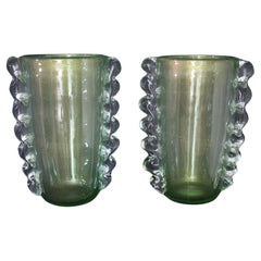 Pair of Large Jade Green and golden Color Murano Glass Vases by Costantini