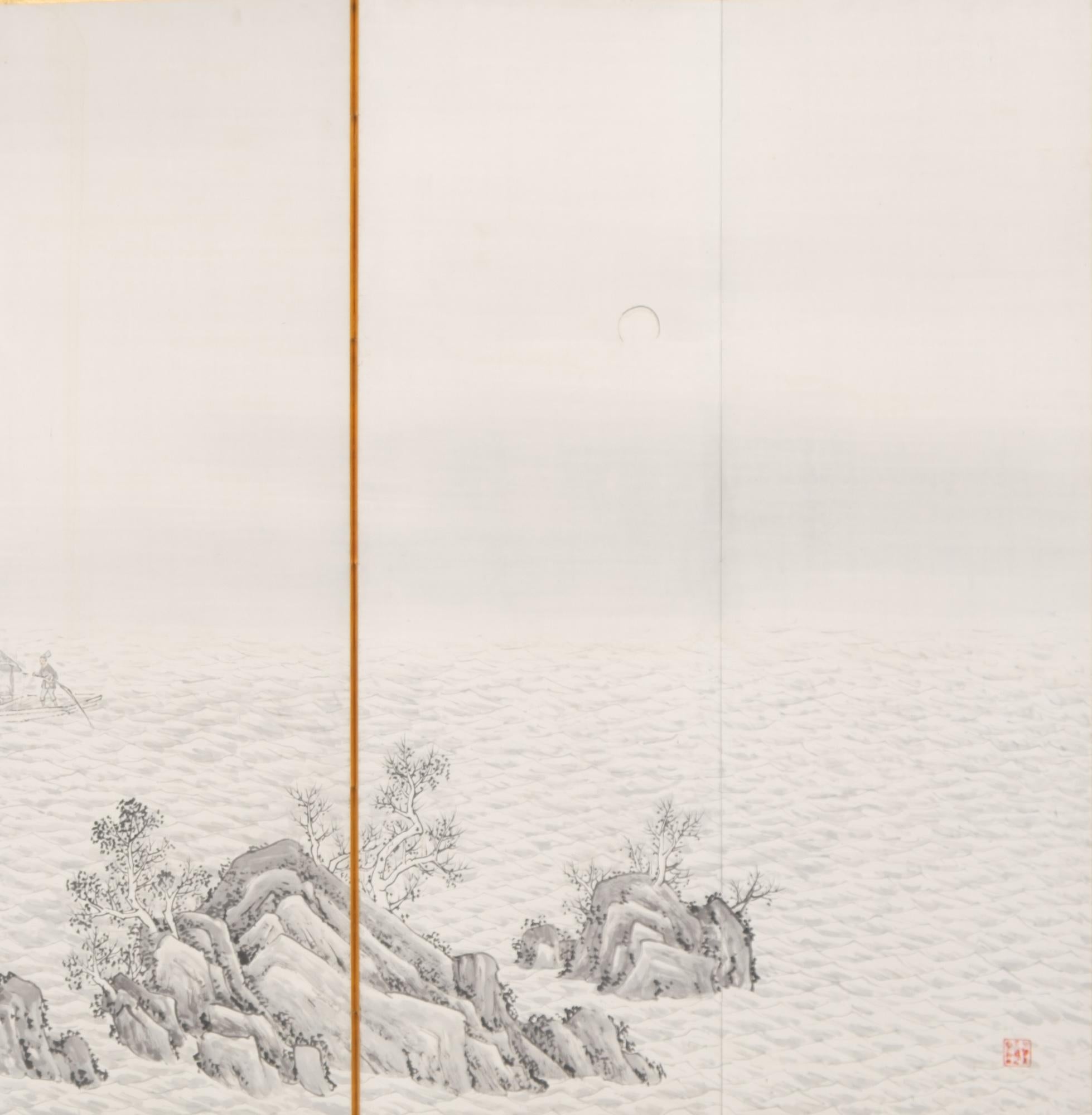 Pair of Large Japanese 6-Panel Nanga Sansui Folding Screens by Oka Buntô 岡文濤 6