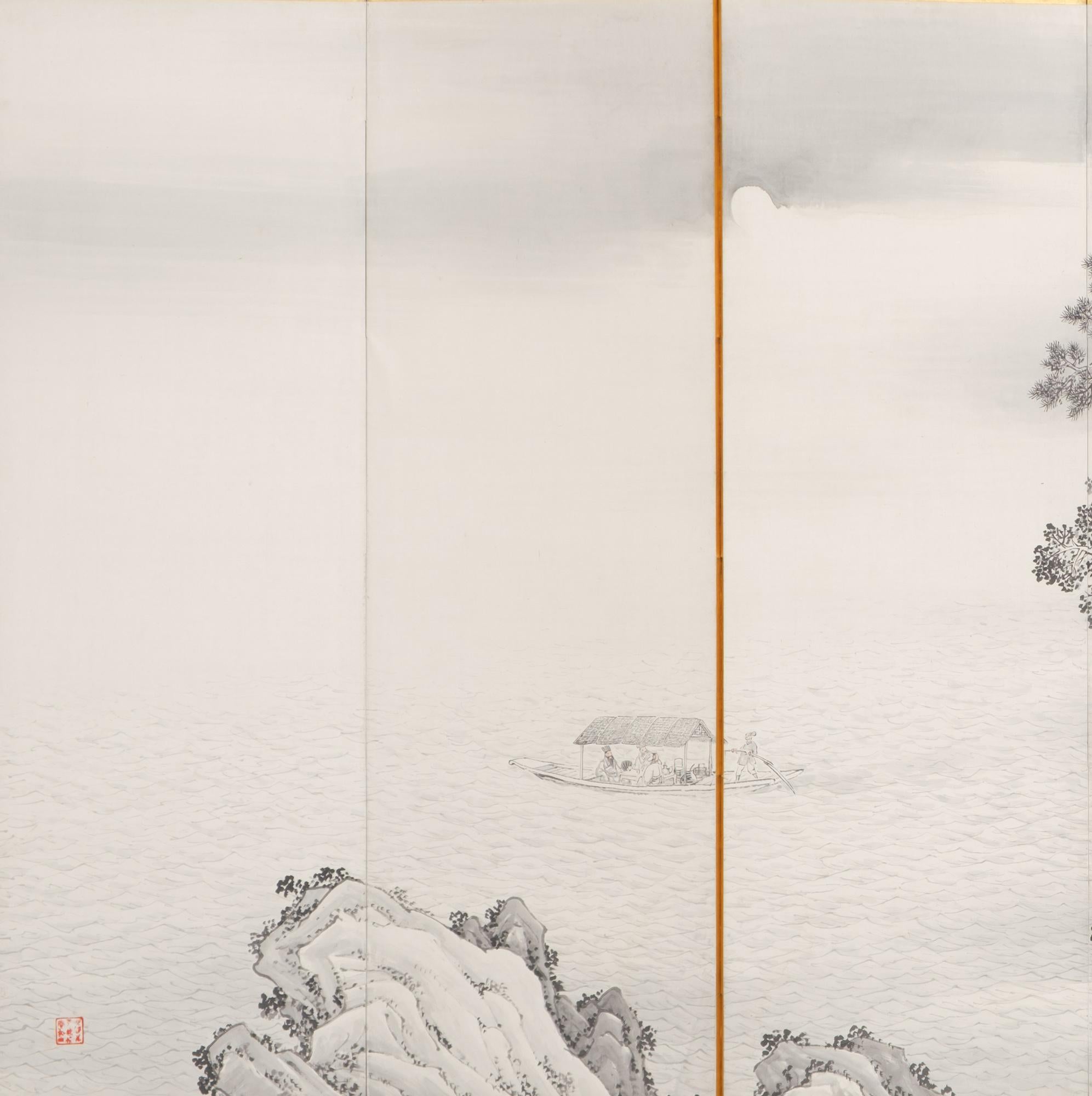 Hand-Painted Pair of Large Japanese 6-Panel Nanga Sansui Folding Screens by Oka Buntô 岡文濤