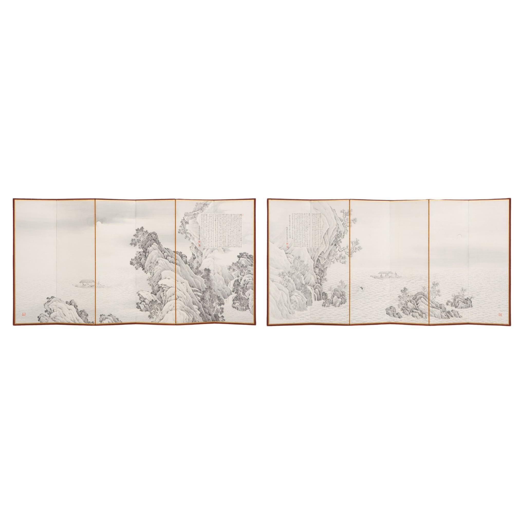 Pair of Large Japanese 6-Panel Nanga Sansui Folding Screens by Oka Buntô 岡文濤