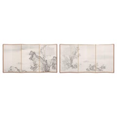 Pair of Large Japanese 6-Panel Nanga Sansui Folding Screens by Oka Buntô 岡文濤