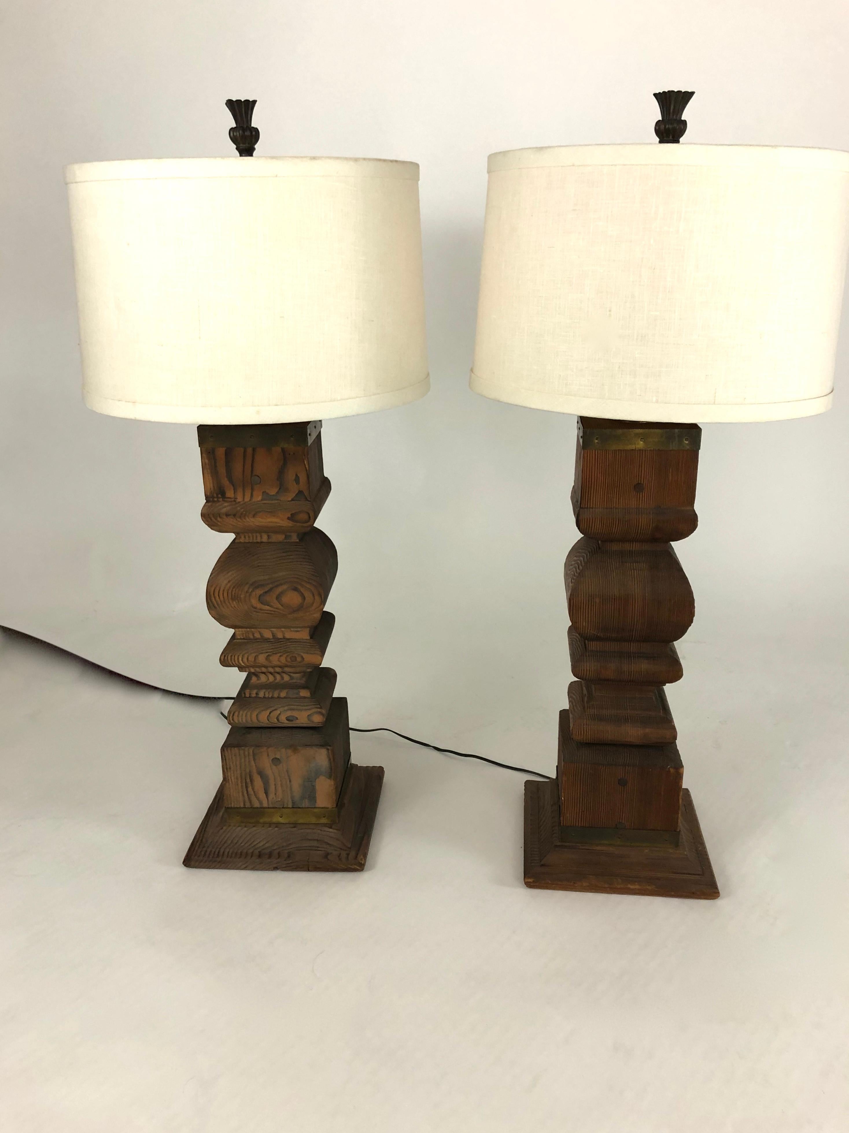 Pair of Large Japanese Architectural Cypress Baluster Lamps 3