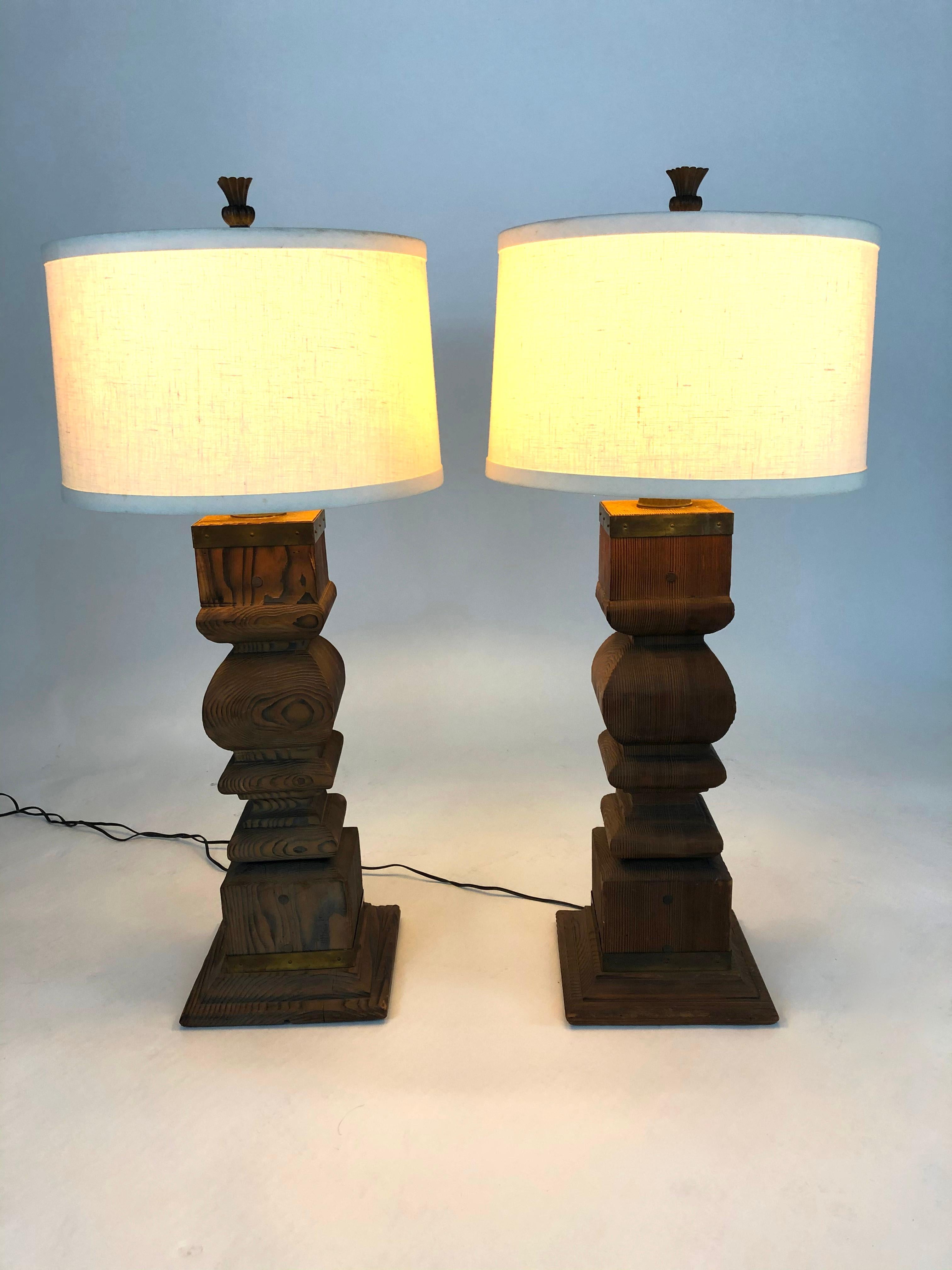 Pair of Large Japanese Architectural Cypress Baluster Lamps 4
