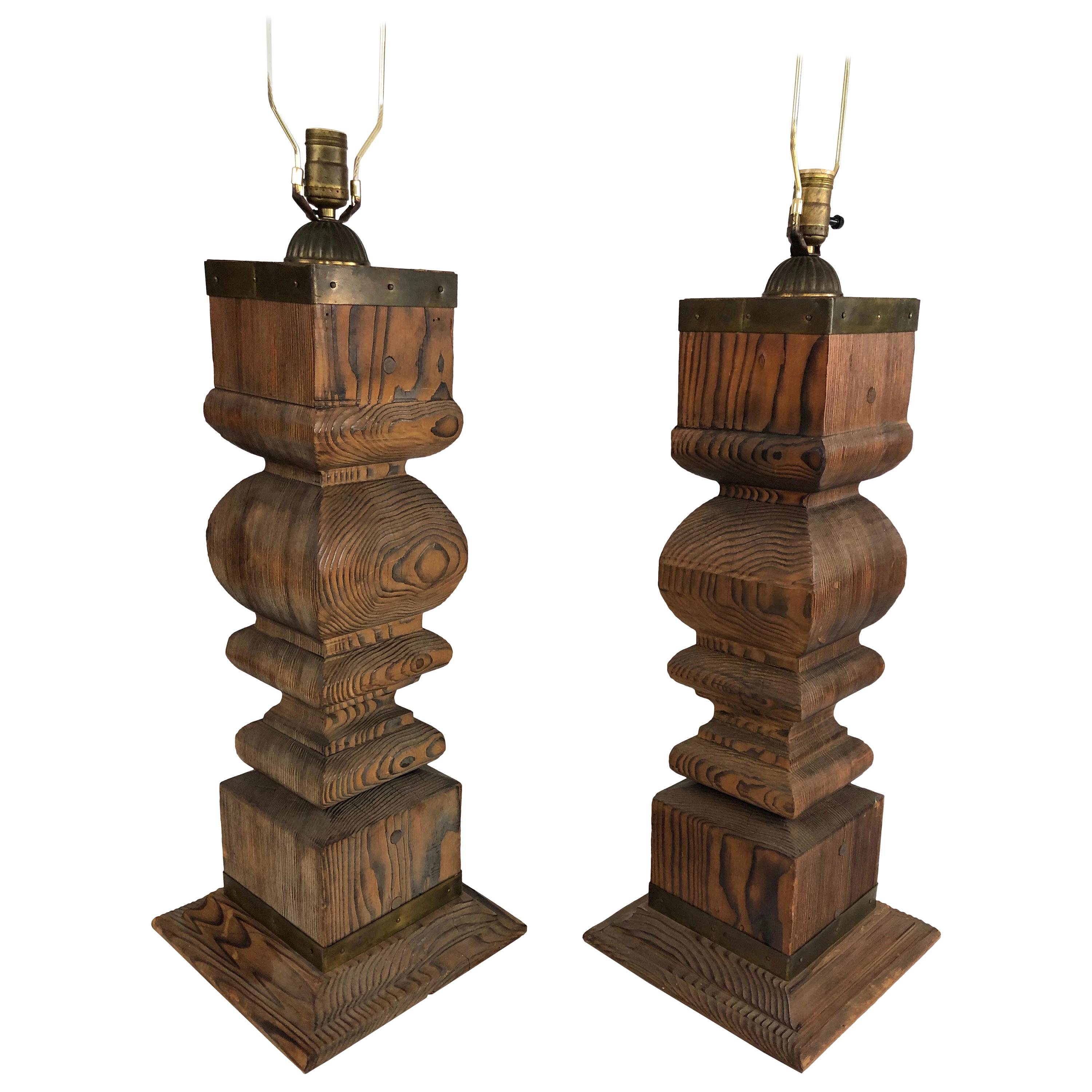Pair of Large Japanese Architectural Cypress Baluster Lamps