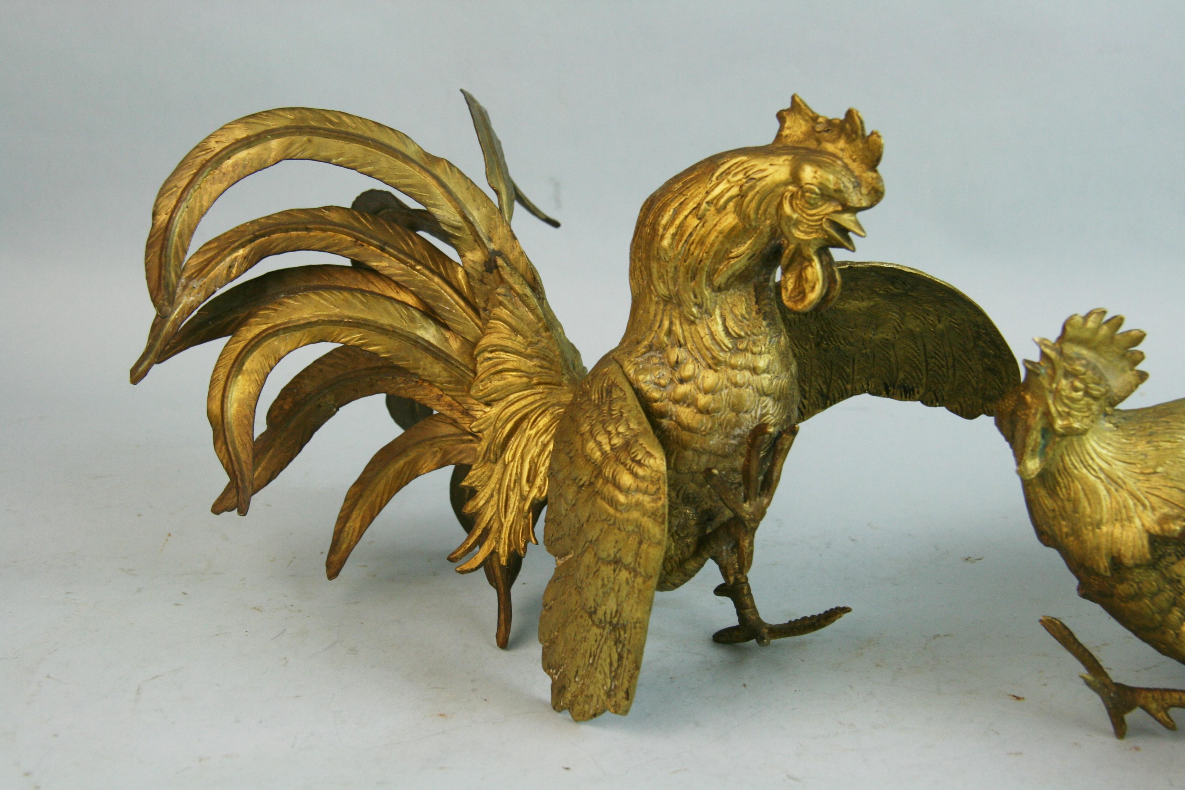 Pair of Large Japanese Brass Fighting Roosters Sculptures 2