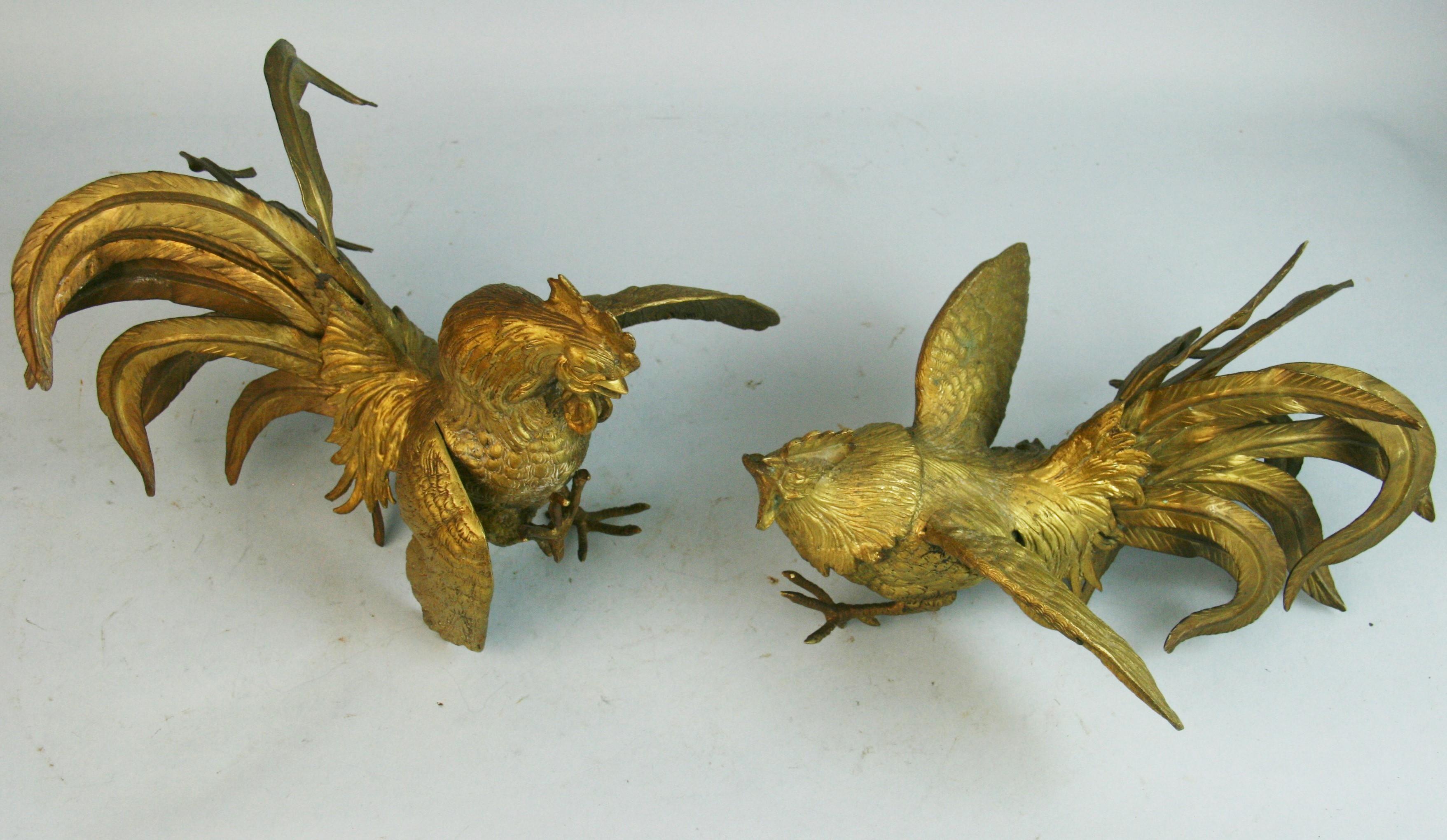 Pair of Large Japanese Brass Fighting Roosters Sculptures 4