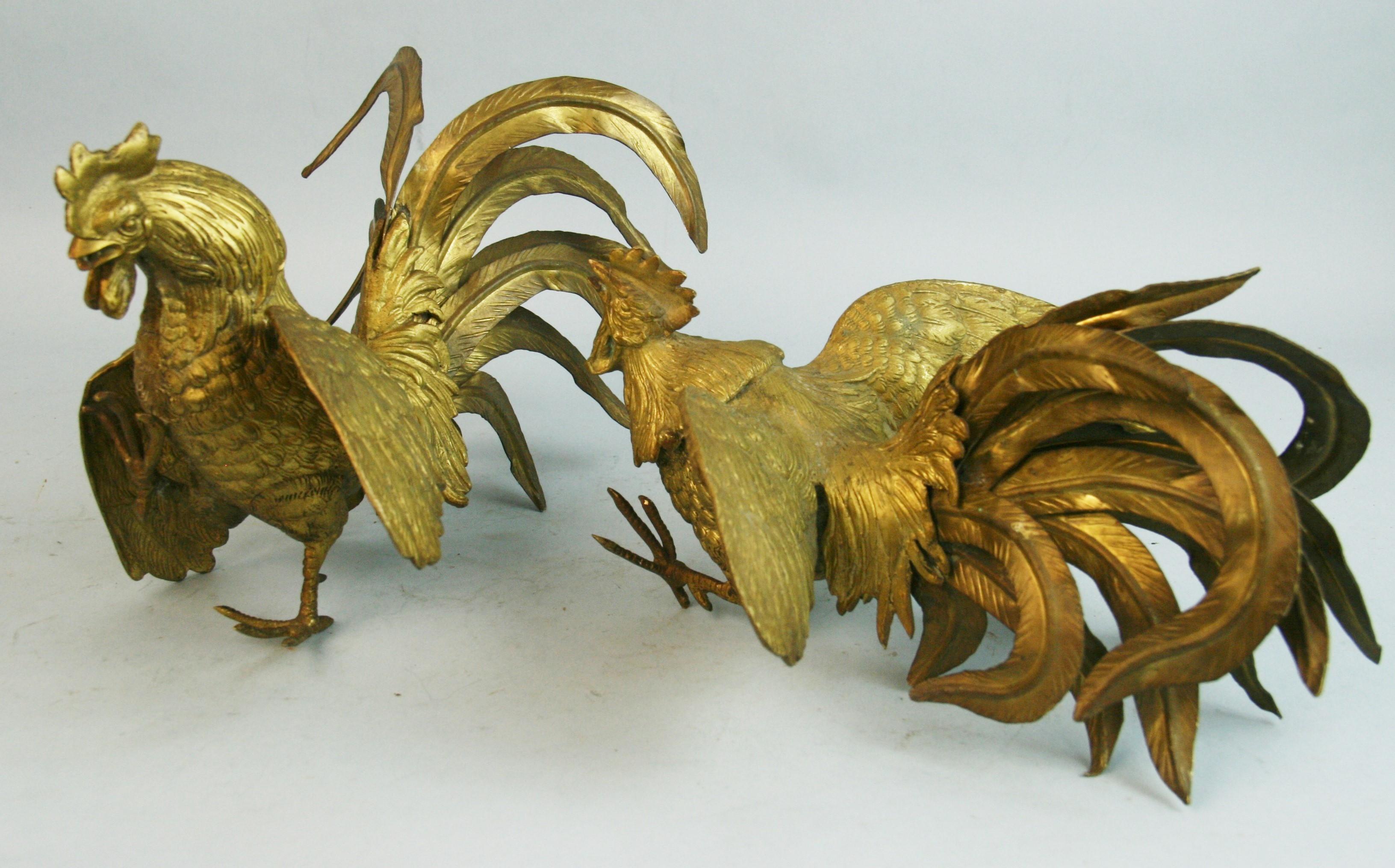 Pair of Large Japanese Brass Fighting Roosters Sculptures In Good Condition In Douglas Manor, NY