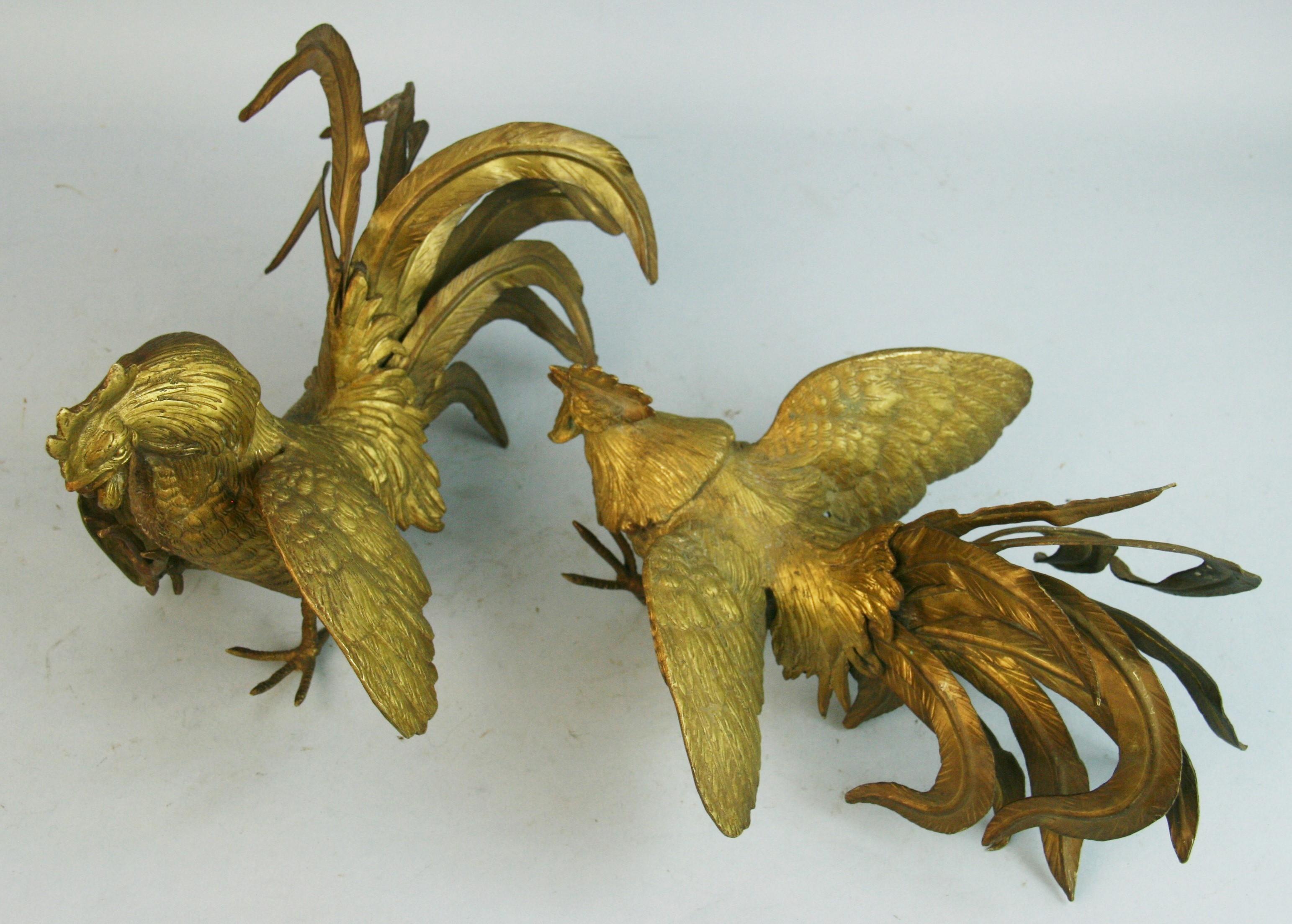 Early 20th Century Pair of Large Japanese Brass Fighting Roosters Sculptures