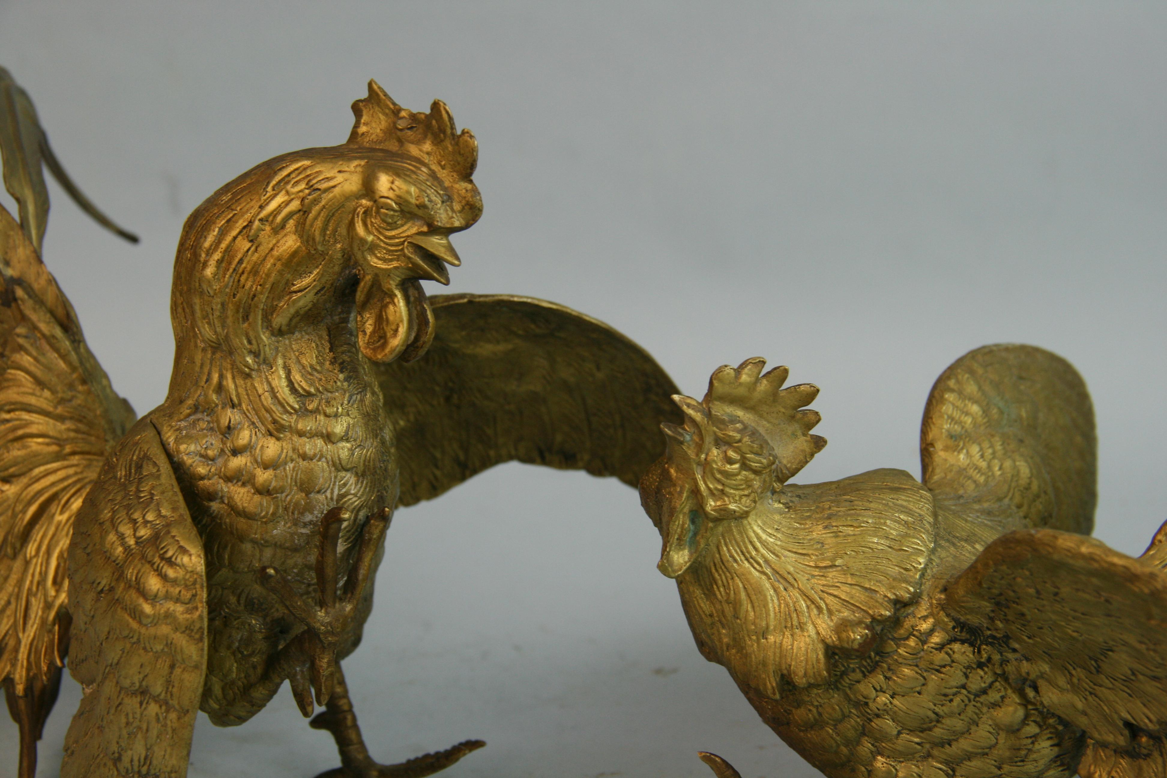 Pair of Large Japanese Brass Fighting Roosters Sculptures 1