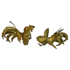 Pair of Large Japanese Brass Fighting Roosters Sculptures