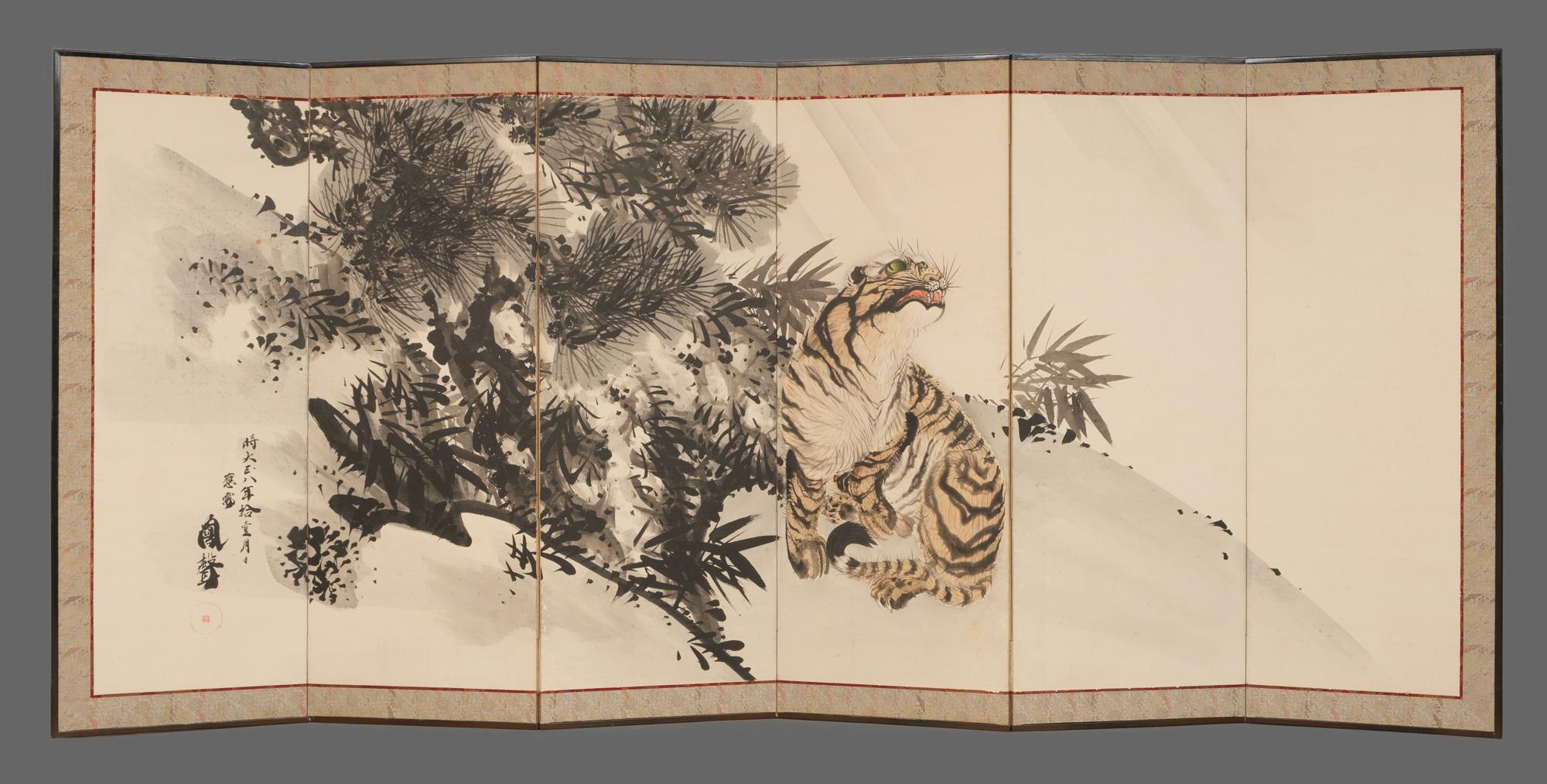 A pair of exquisite, large six-panel byôbu (room divider) featuring paintings in black ink of the iconic pairing of a tiger (tora) and a dragon (ryû).

The screen on the left shows a tiger sitting at the brink of a rugged, foliage-covered hill,