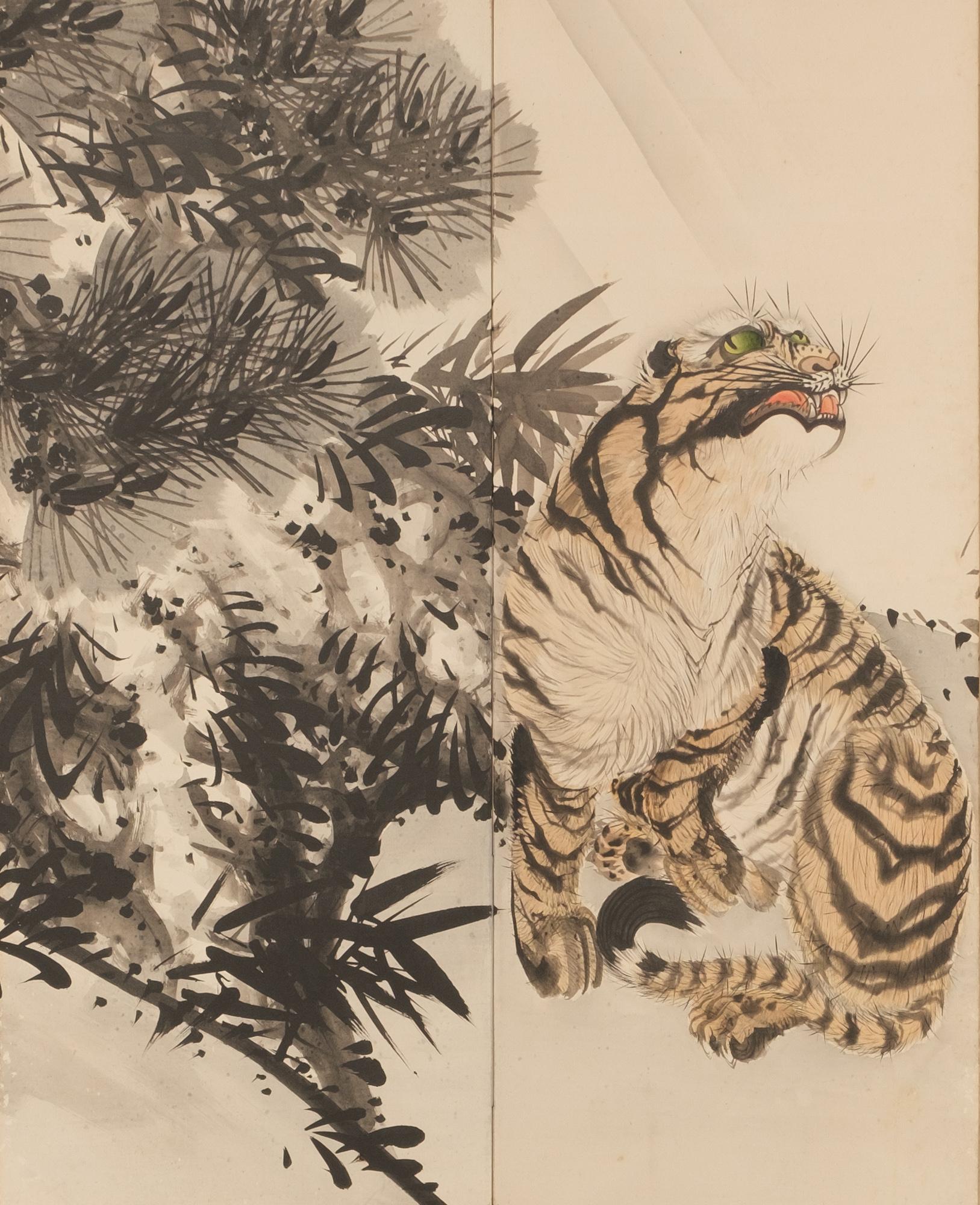 Pair of large Japanese byôbu 屏風 (folding screen) with dragon & tiger pairing 1