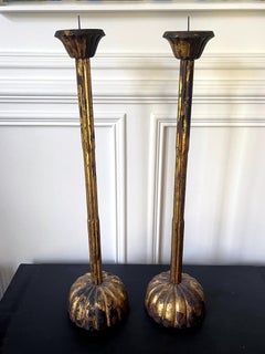 Pair of Large Japanese Carved Wood Temple Candleholders Edo Period