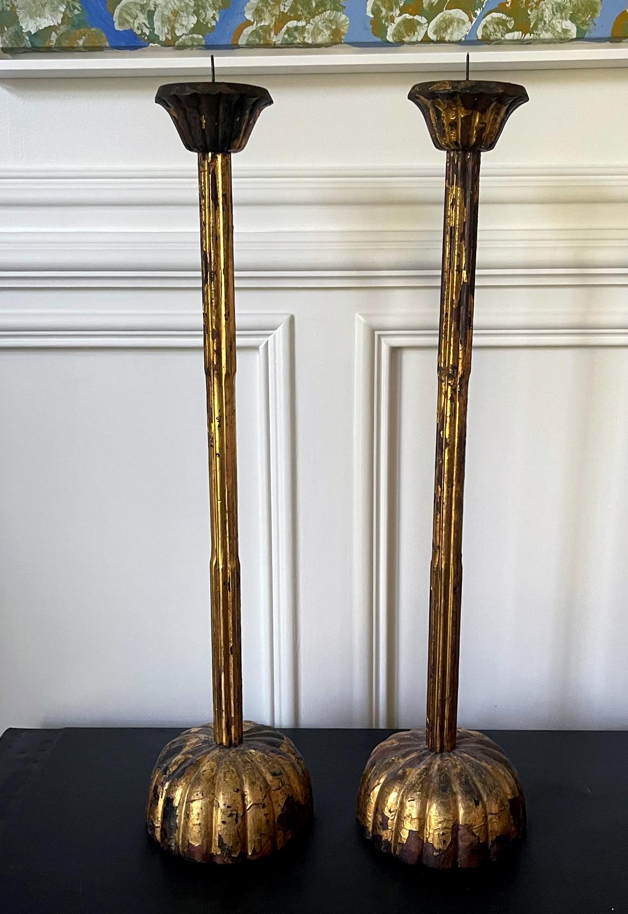Japonisme Pair of Large Japanese Carved Wood Temple Candleholders Edo Period For Sale