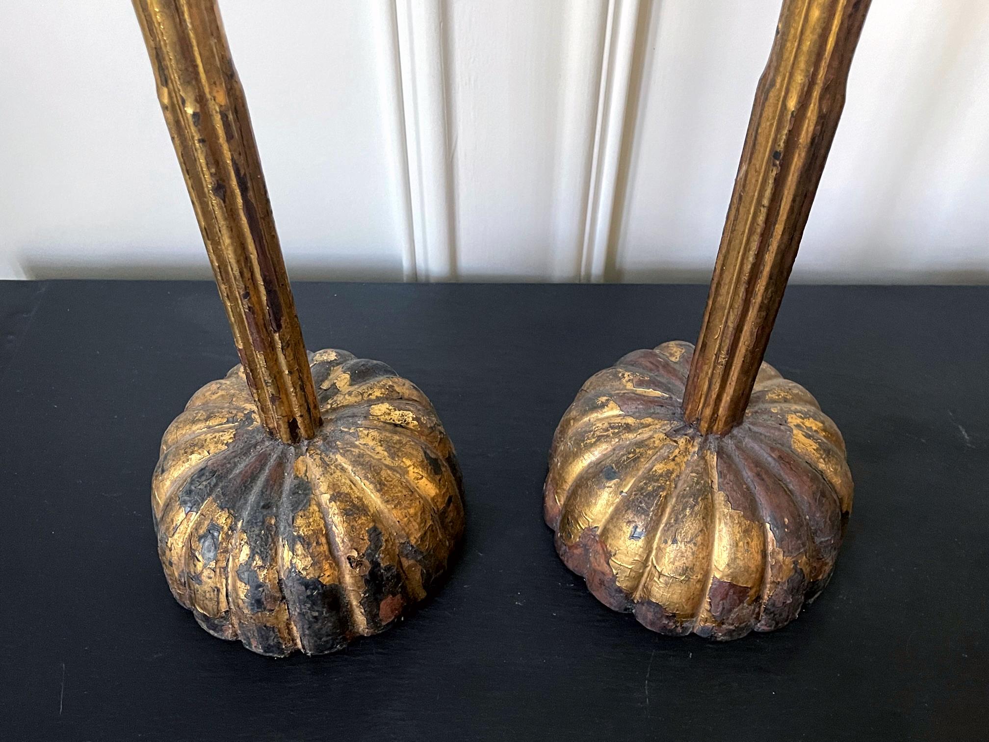 Gold Leaf Pair of Large Japanese Carved Wood Temple Candleholders Edo Period For Sale