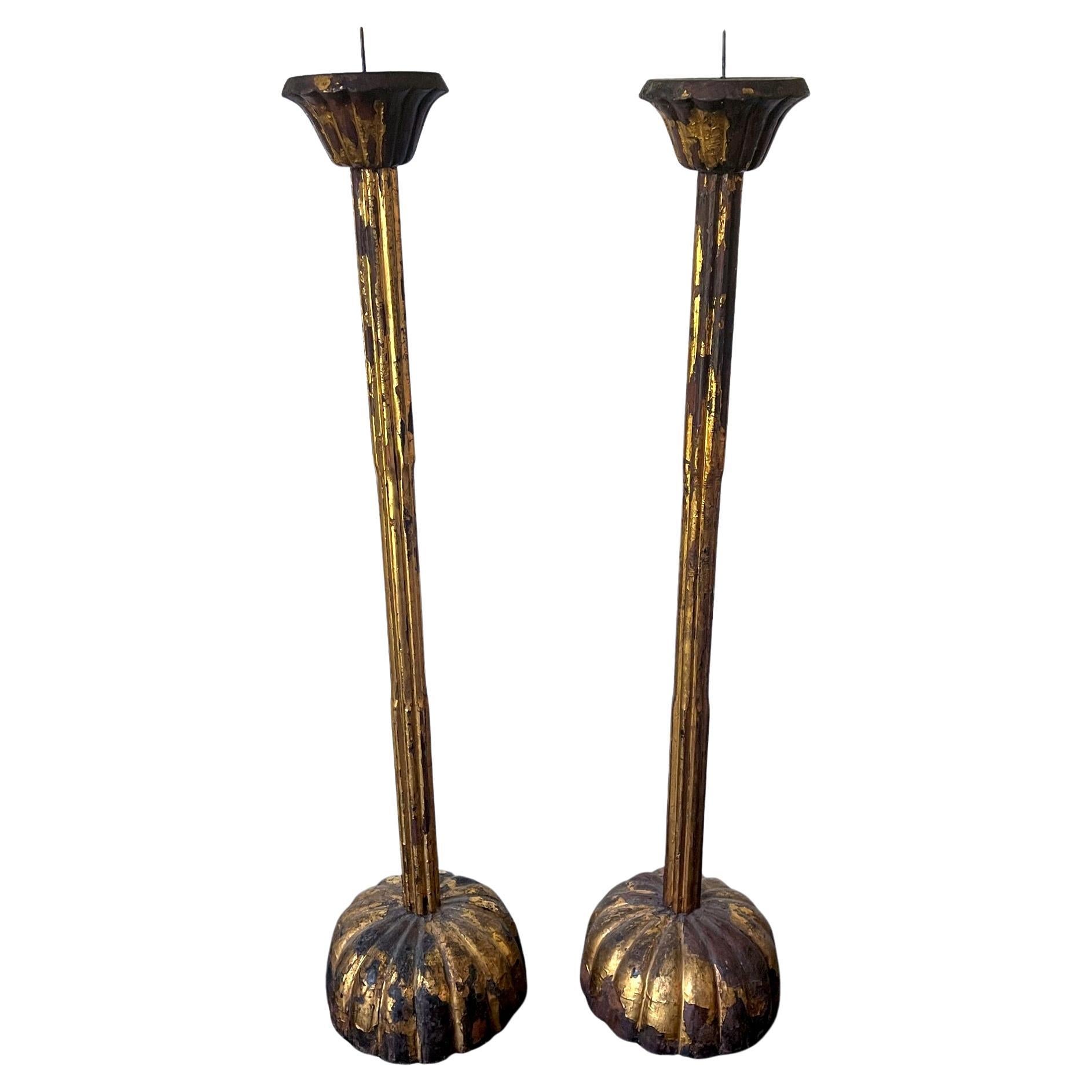 Pair of Large Japanese Carved Wood Temple Candleholders Edo Period For Sale