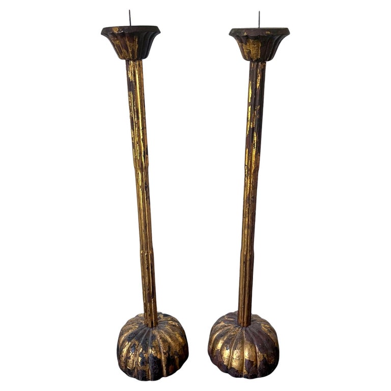 Pair of large Japanese carved-wood candlesticks, early 19th century, offered by TISHU