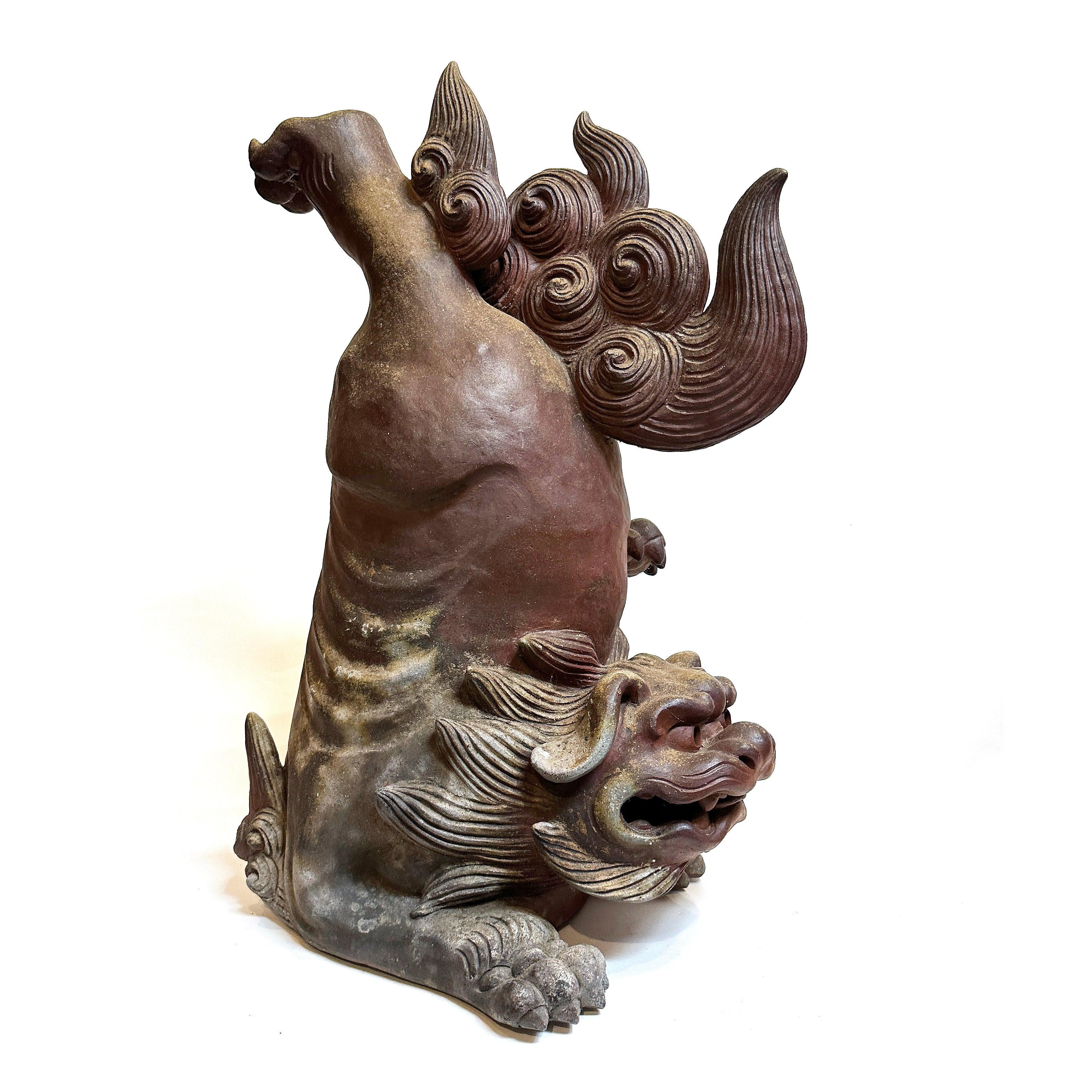 Cuit Paire de grands carreaux de sabot de chien Shi-Shi en céramique japonaise, Bizen Kiln, 20e siècle en vente
