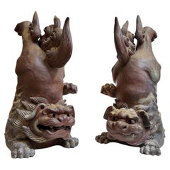 Paire de grands carreaux de sabot de chien Shi-Shi en céramique japonaise, Bizen Kiln, 20e siècle