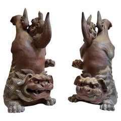 Pair of Large Japanese Ceramic Shi-Shi Dog Roof Tiles, Bizen Kiln, 20th Century