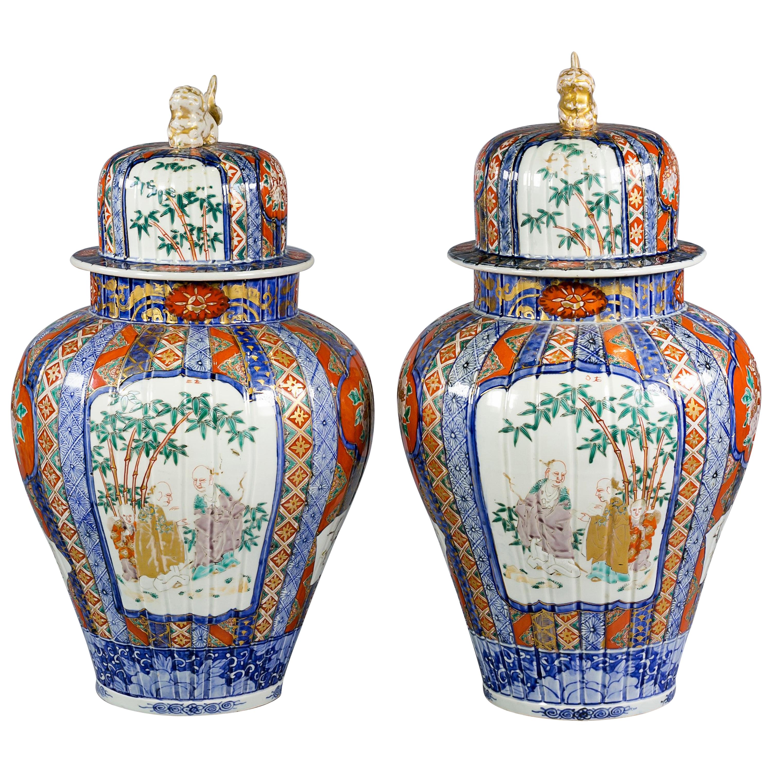 Pair of Large Japanese Imari Pattern Covered Vases, circa 1860 For Sale