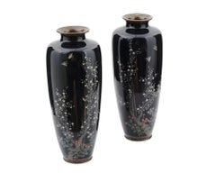Large Pair of Japanese Cloisonné Enamel Vases of Birds Flying Over Cherry Blosso