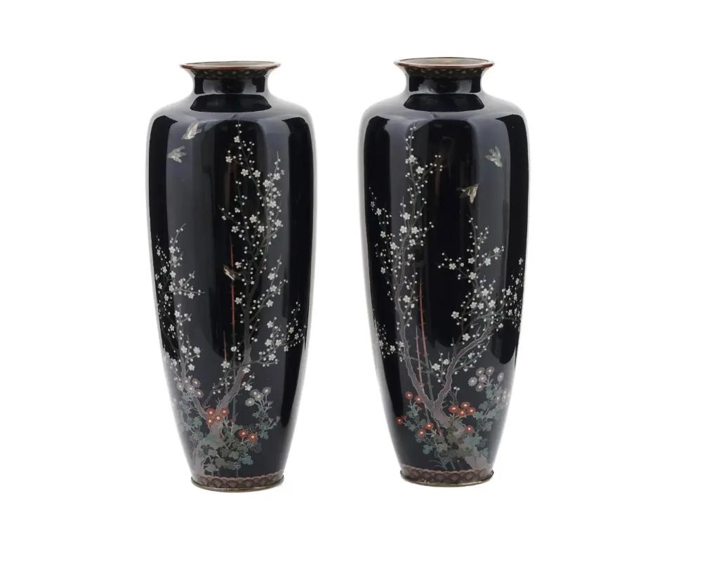 Meiji Large Pair of Japanese Cloisonné Enamel Vases of Birds Flying Over Cherry Blosso For Sale