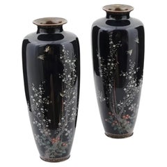 Large Pair of Japanese Cloisonné Enamel Vases of Birds Flying Over Cherry Blosso
