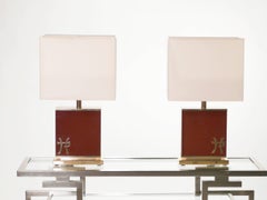 Paire de grandes lampes JC Mahey en laque et laiton, 1970