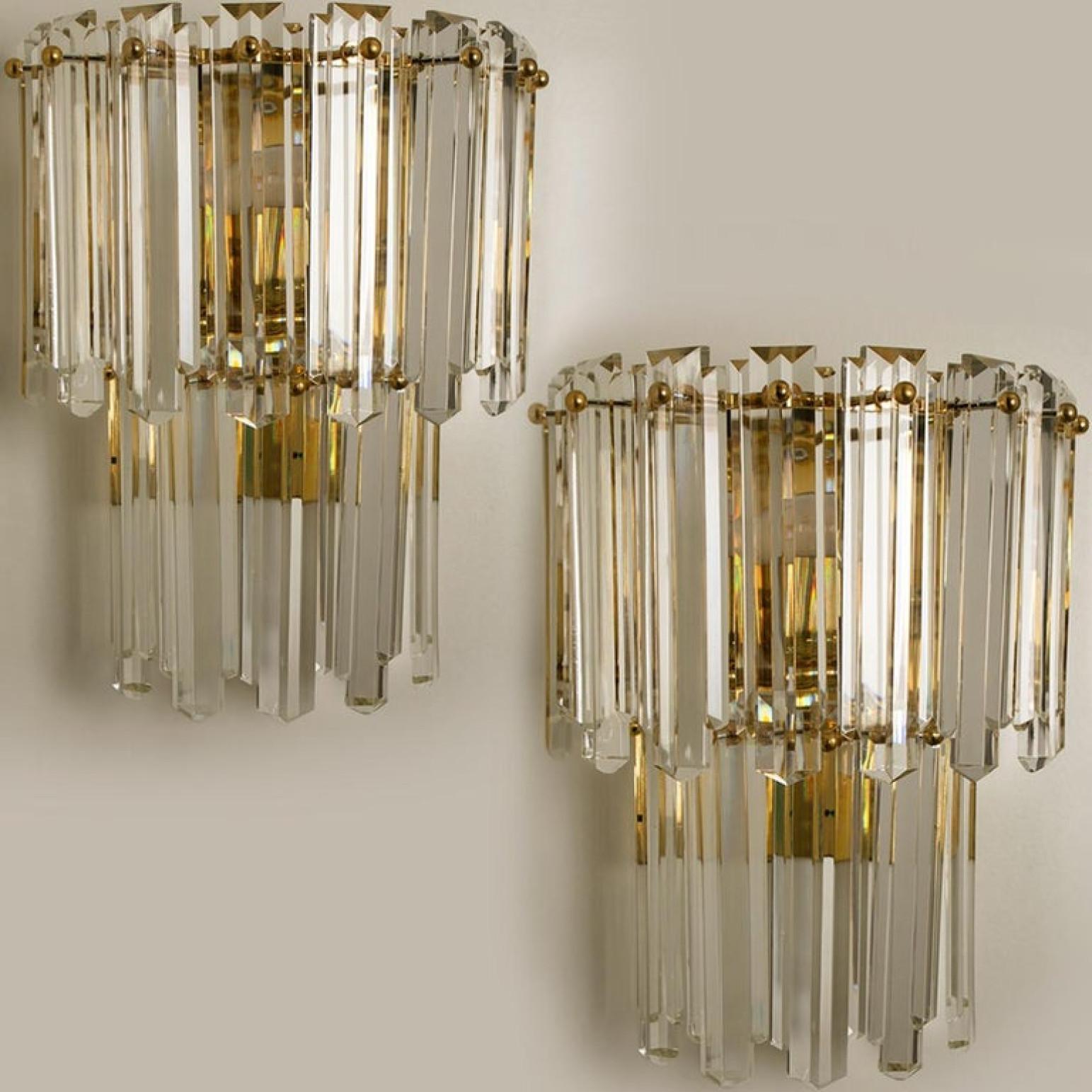 Art Deco Pair of Large J.T. Kalmar Faceted Glass and Gilt Brass Sconces, Vienna, 1960s For Sale