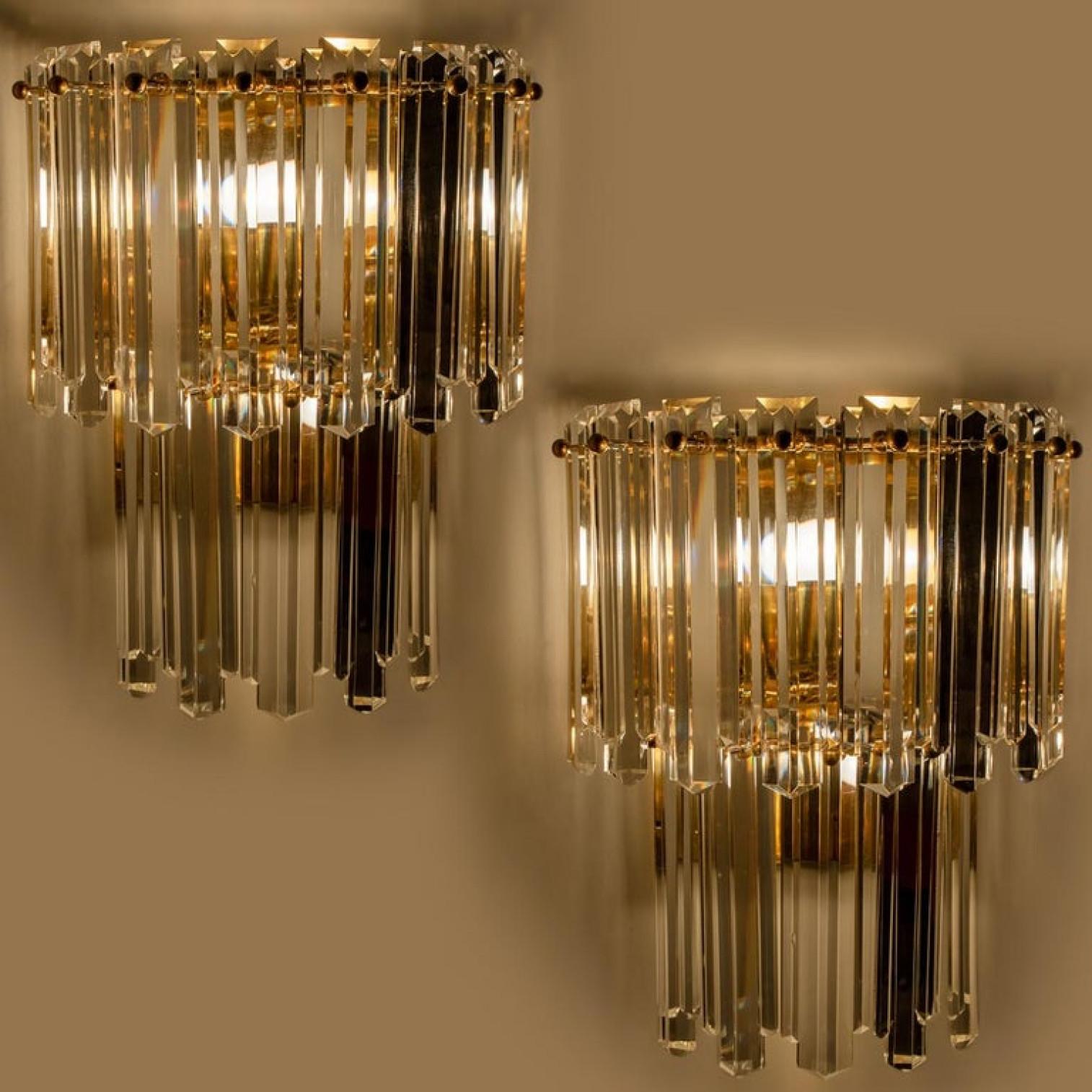 Late 20th Century Pair of Large J.T. Kalmar Faceted Glass and Gilt Brass Sconces, Vienna, 1960s For Sale