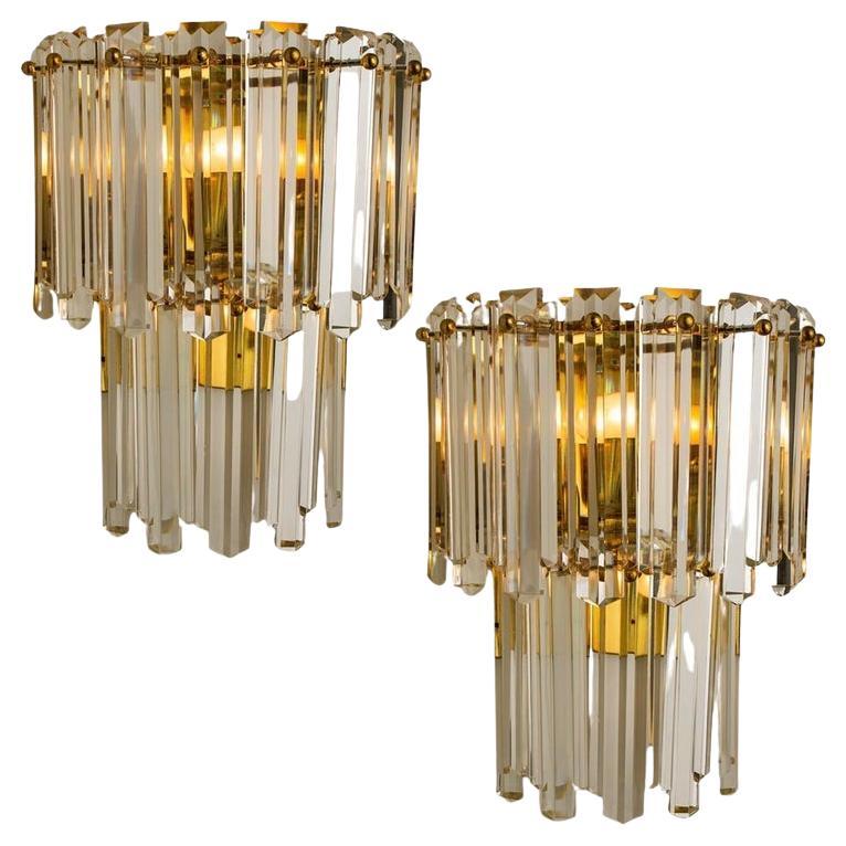 Pair of Large J.T. Kalmar Faceted Glass and Gilt Brass Sconces, Vienna, 1960s For Sale