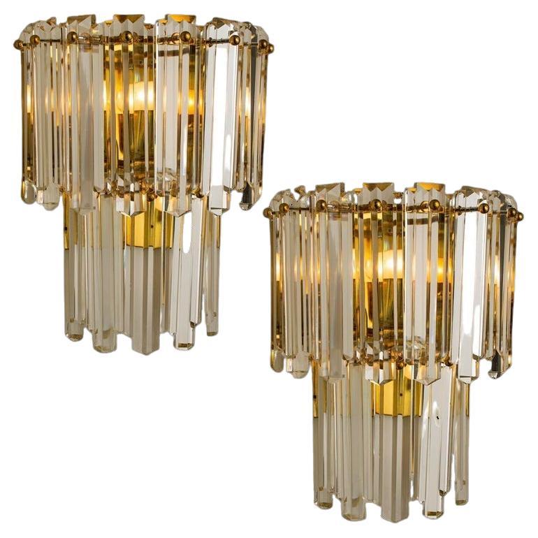 Pair of Large J.T. Kalmar Faceted Glass and Gilt Brass Sconces, Vienna, 1960s
