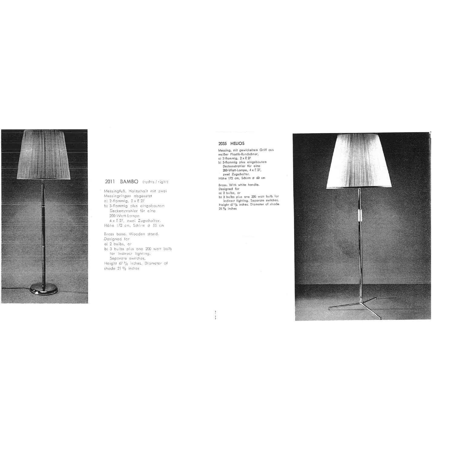 Ein Paar große J.T.-Sessel Kalmar Stehlampen, Leder-Messing-Dreibein-Sockel, 1960 im Angebot 10