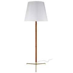 Pair of Large J.T. Kalmar Floor Lamps, Leather Brass Tripod Base, 1960