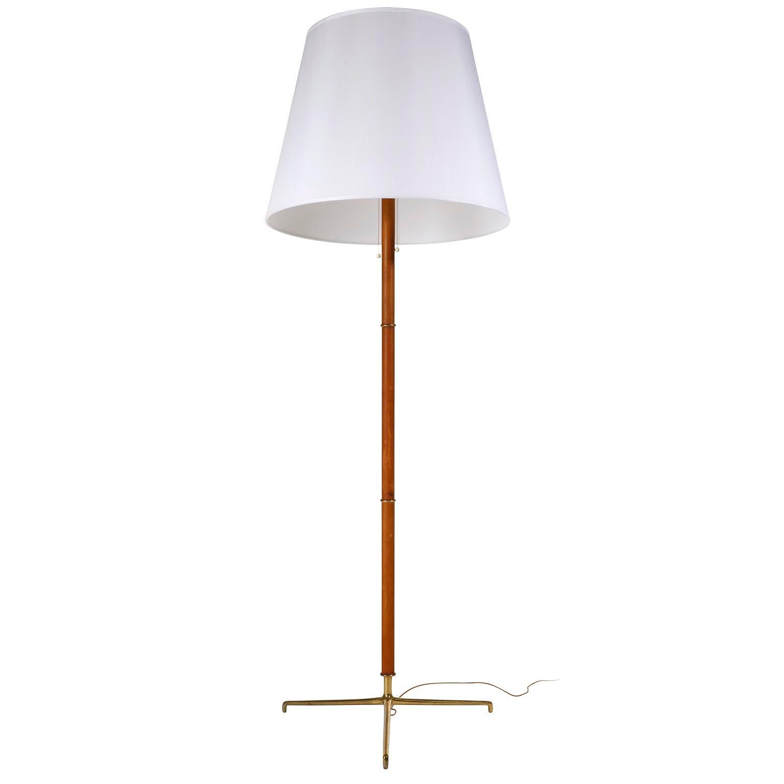 Austrian Pair Mid-Century Modern Floor Lamps Cognac Brown Leather Brass Tripod Base, 1960 For Sale
