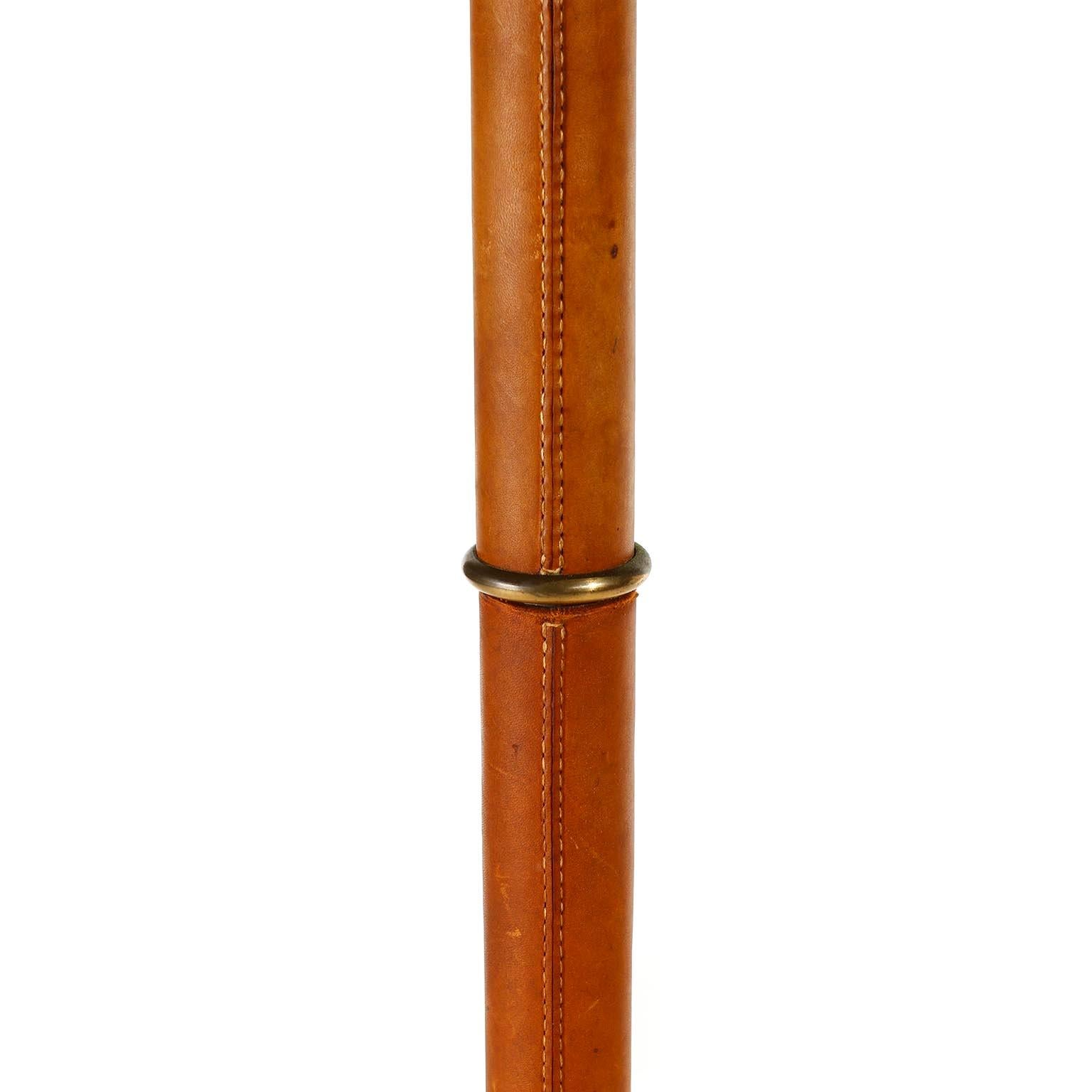Aluminum Pair of Large J.T. Kalmar Floor Lamps, Leather Brass Tripod Base, 1960