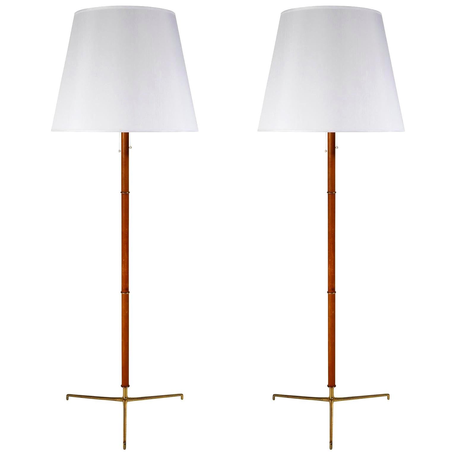 Pair of Large J.T. Kalmar Floor Lamps, Leather Brass Tripod Base, 1960 For Sale