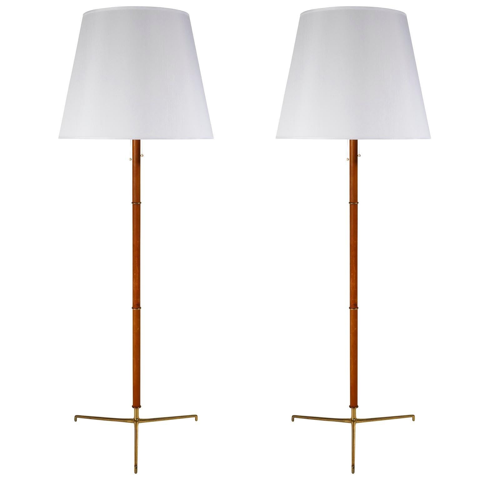 Pair of Large J.T. Kalmar Floor Lamps, Leather Brass Tripod Base, 1960