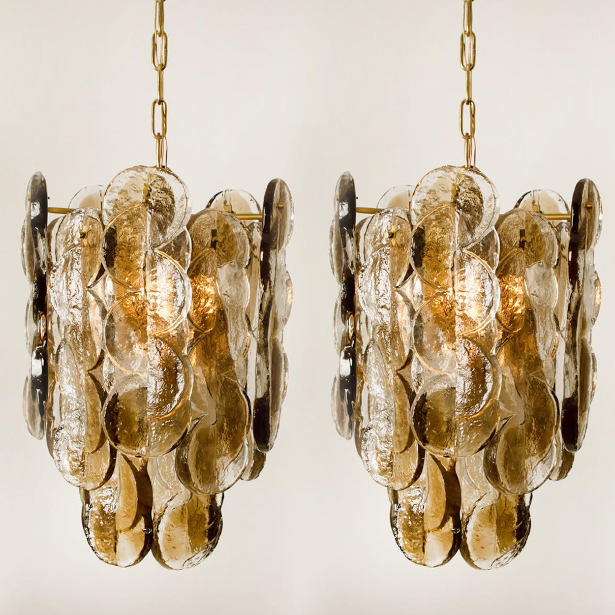 Austrian Pair of Large Kalmar Chandeliers Citrus Swirl Smoked Glass, Austria, 1969