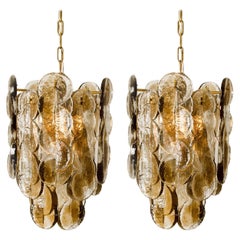 Pair of Large Kalmar Chandeliers Citrus Swirl Smoked Glass, Austria, 1969