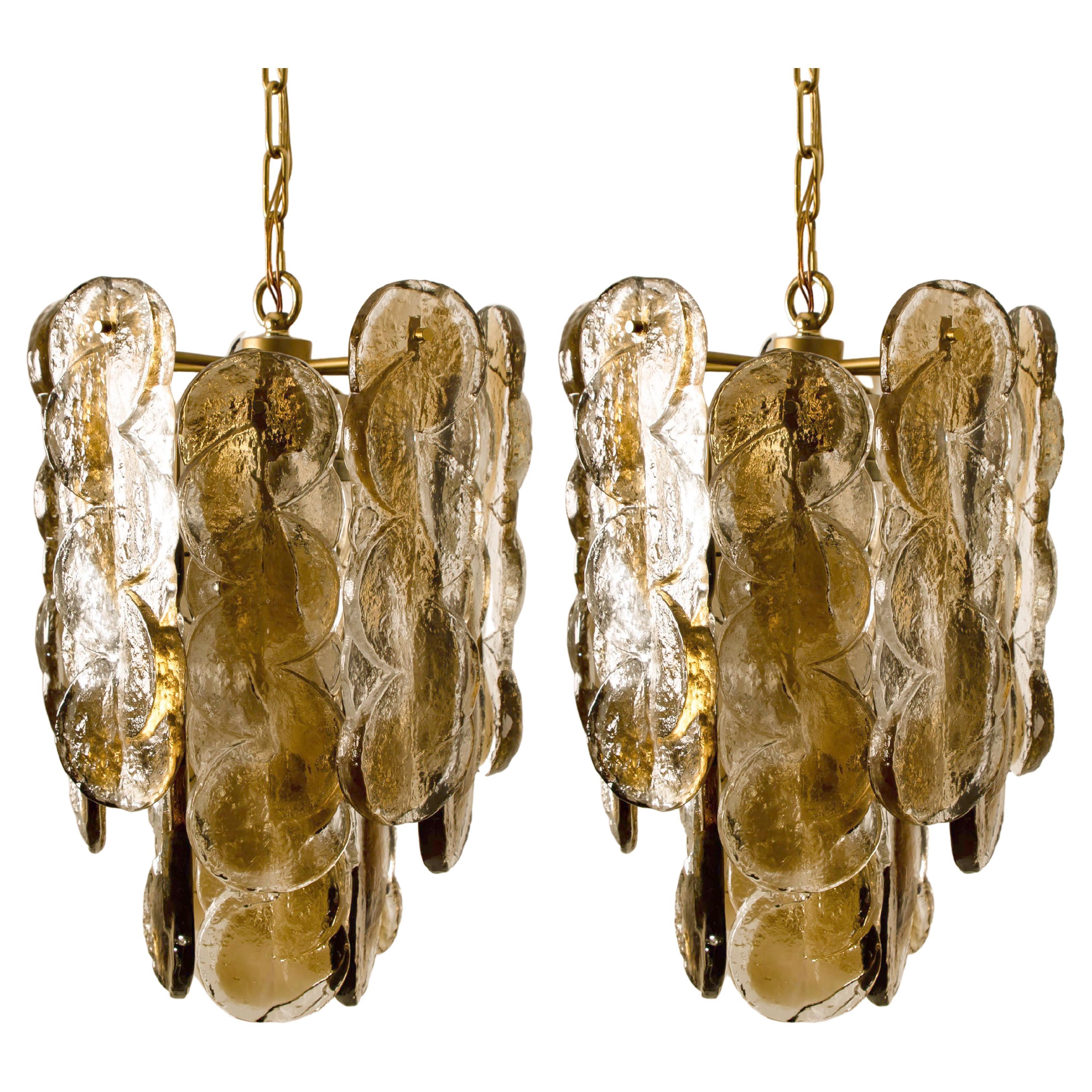 Pair of Large Kalmar Chandeliers Citrus Swirl Smoked Glass, Austria, 1969