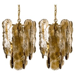 Pair of Large Kalmar Chandeliers Citrus Swirl Smoked Glass, Austria, 1969