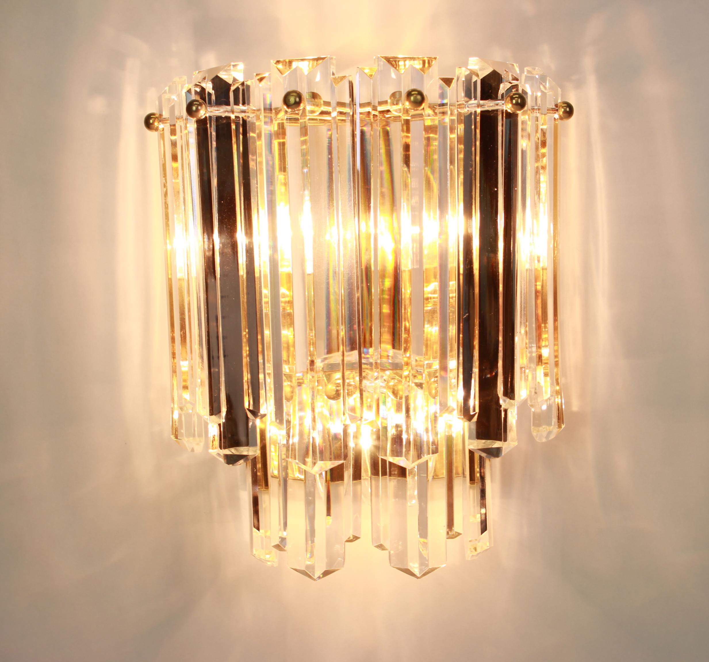 Brass Pair of Large Kalmar Crystal Glass Sconces Wall Lights, Austria, 1970s For Sale