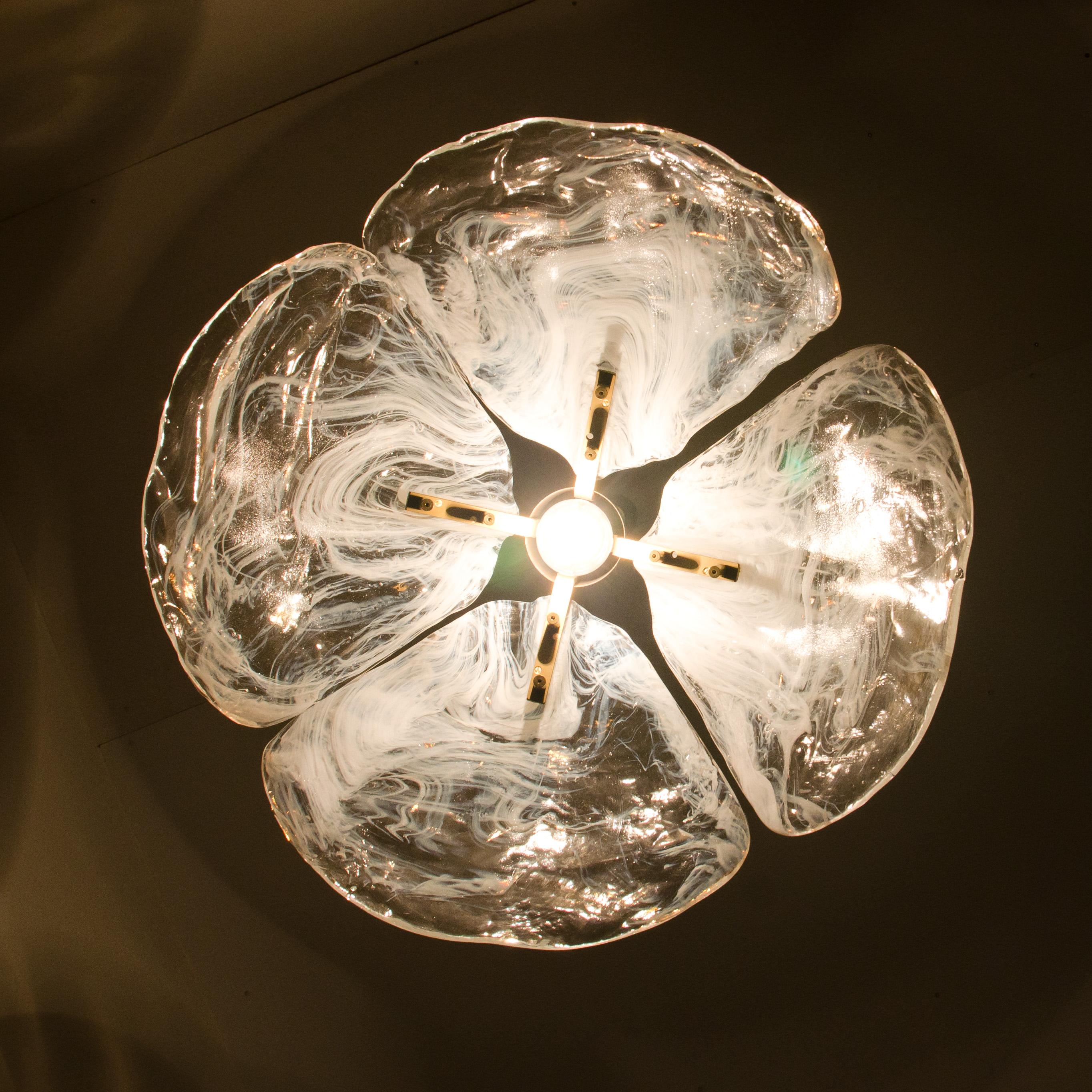 Pair of Large Kalmar, Four-Petal Flower, Melting Glass Chandeliers, 1970s 4