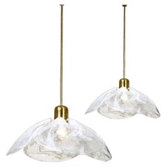 Pair of Large Kalmar, Four-Petal Flower, Melting Glass Chandeliers, 1970s
