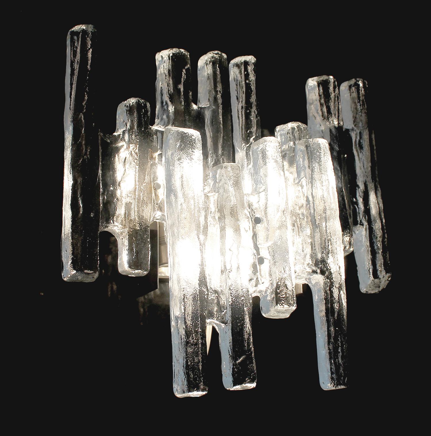 Mid-20th Century Pair of  Large Kalmar Murano Glass Sconces, Brutalist Architectonic Design For Sale
