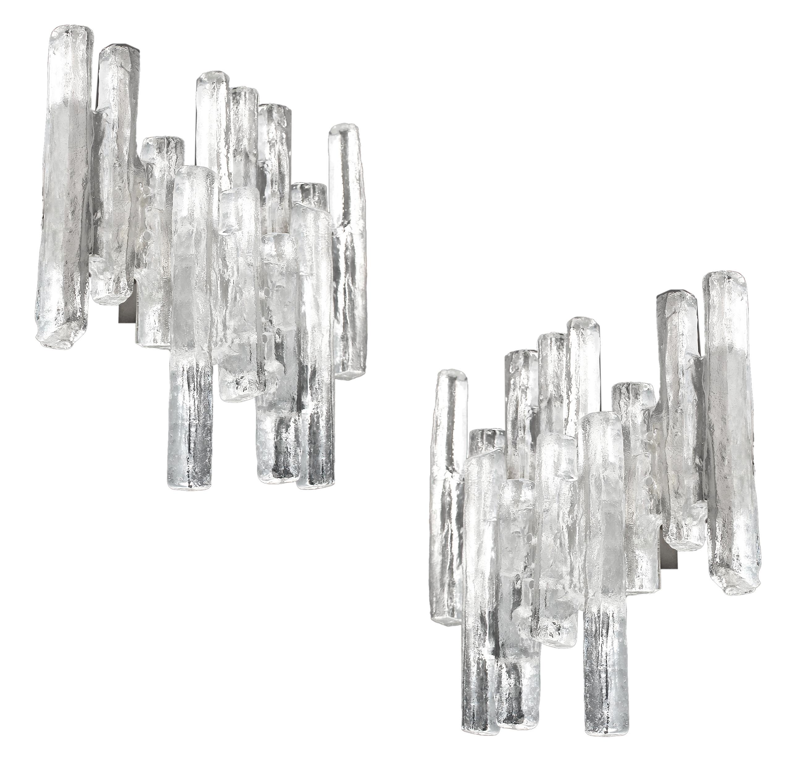 Nickel Pair of  Large Kalmar Murano Glass Sconces, Brutalist Architectonic Design For Sale
