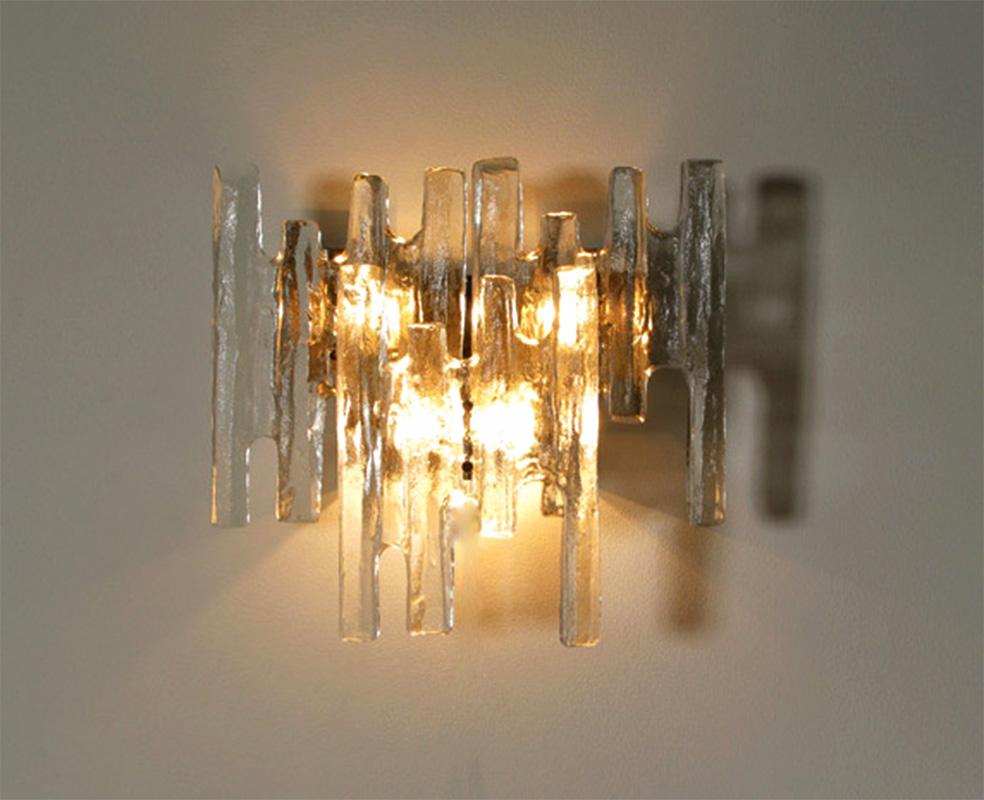 Mid-Century Modern Pair of  Large Kalmar Murano Glass Sconces, Brutalist Architectonic Design For Sale